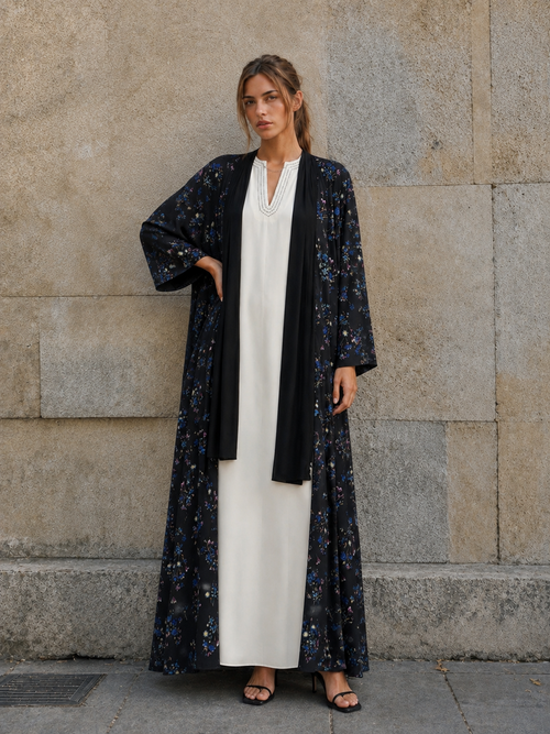 Black Floral Print Abaya