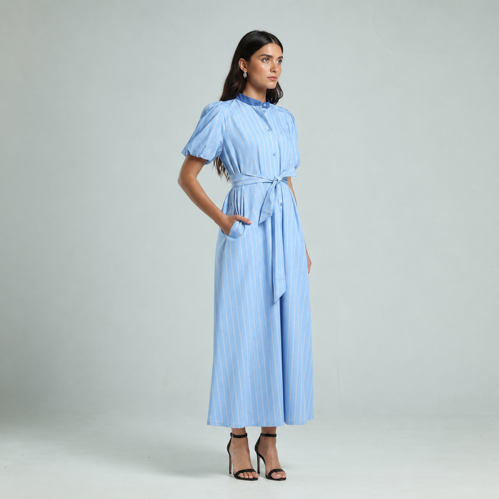Pinstripes Poplin Dress - Blue