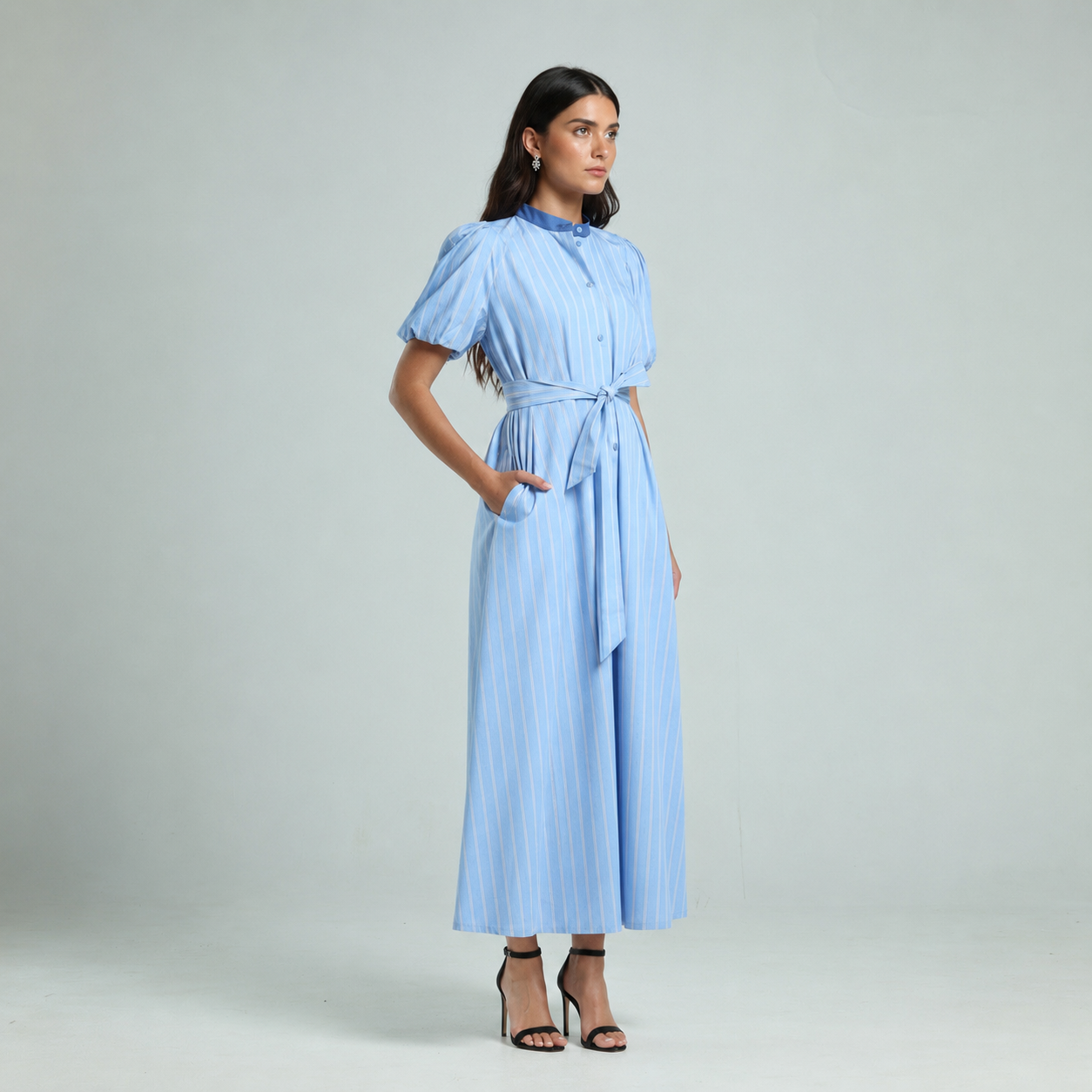 Pinstripes Poplin Dress - Blue