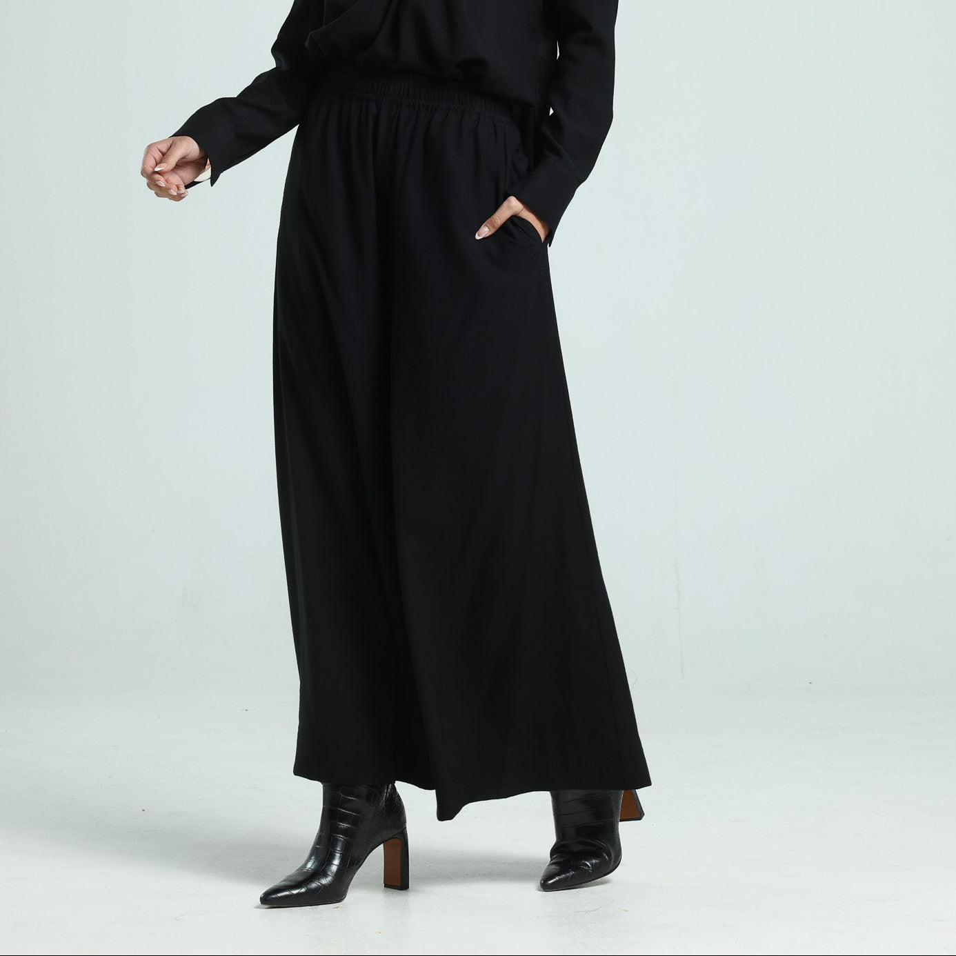 Soft Cotton Wide Leg Pants - Black