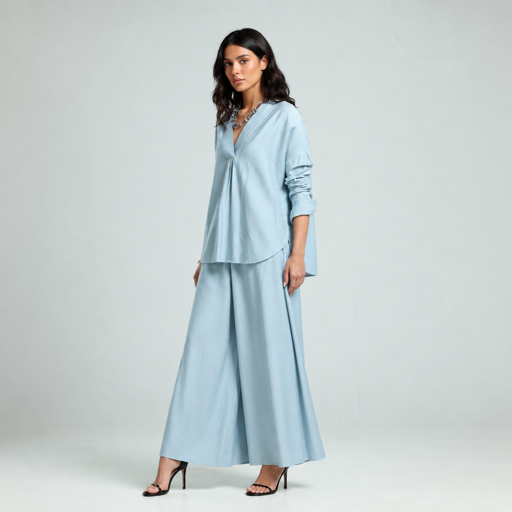 Soft Cotton Wide Leg Pants - Blue