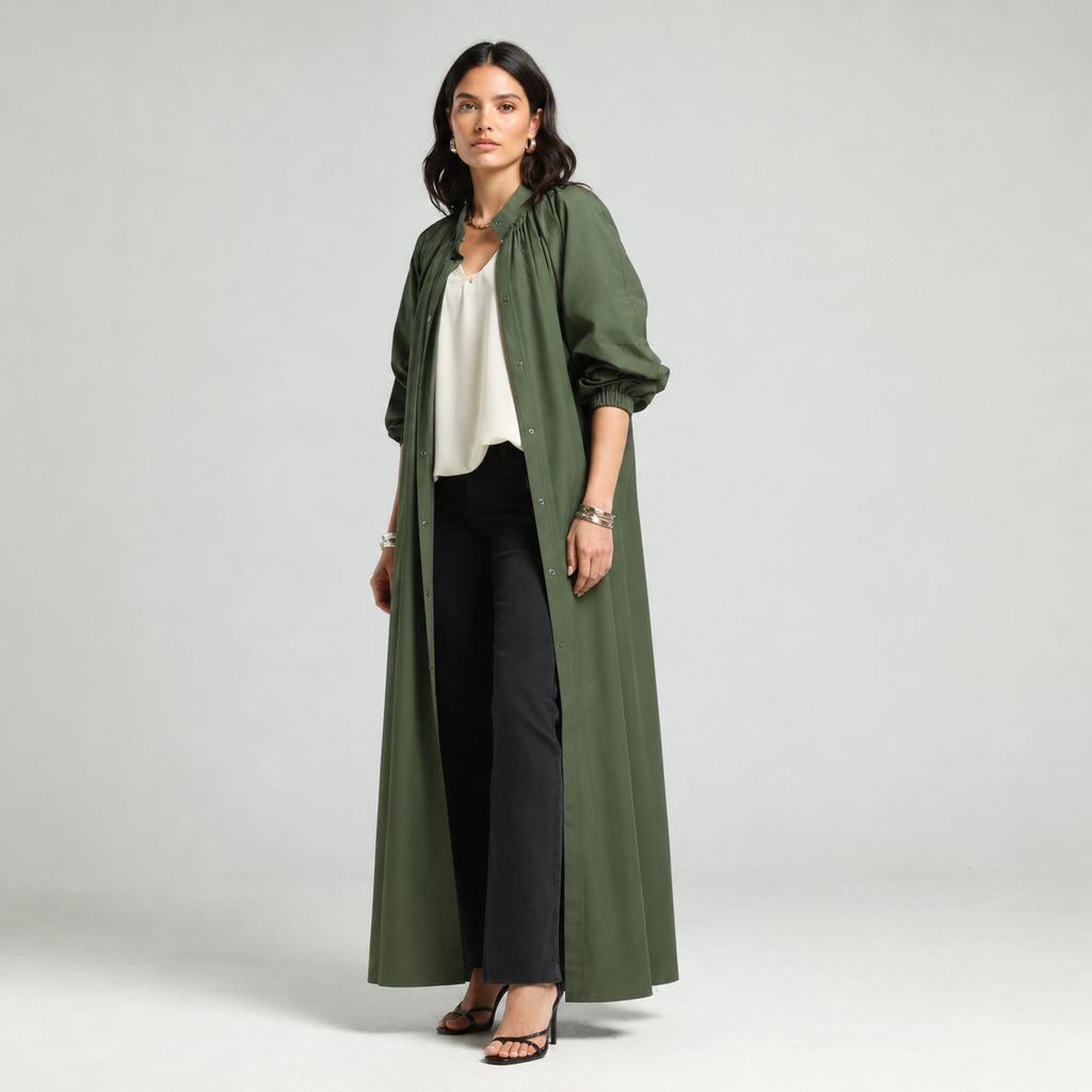 Drawstring Coat Abaya - Olive
