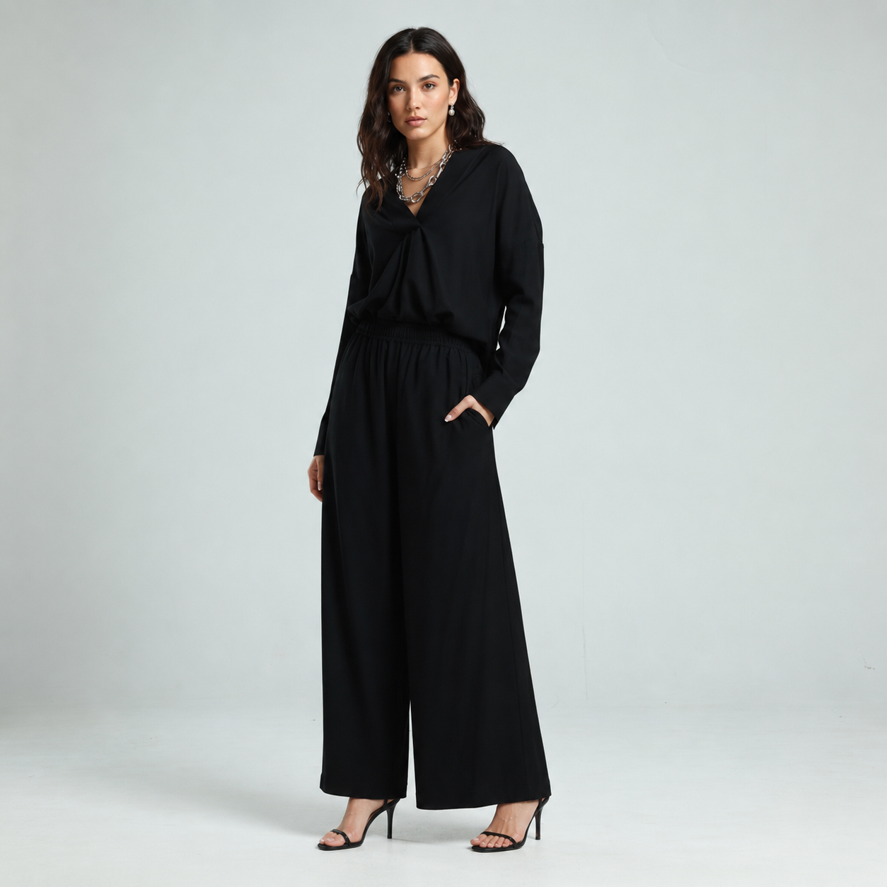 Soft Cotton Wide Leg Pants - Black