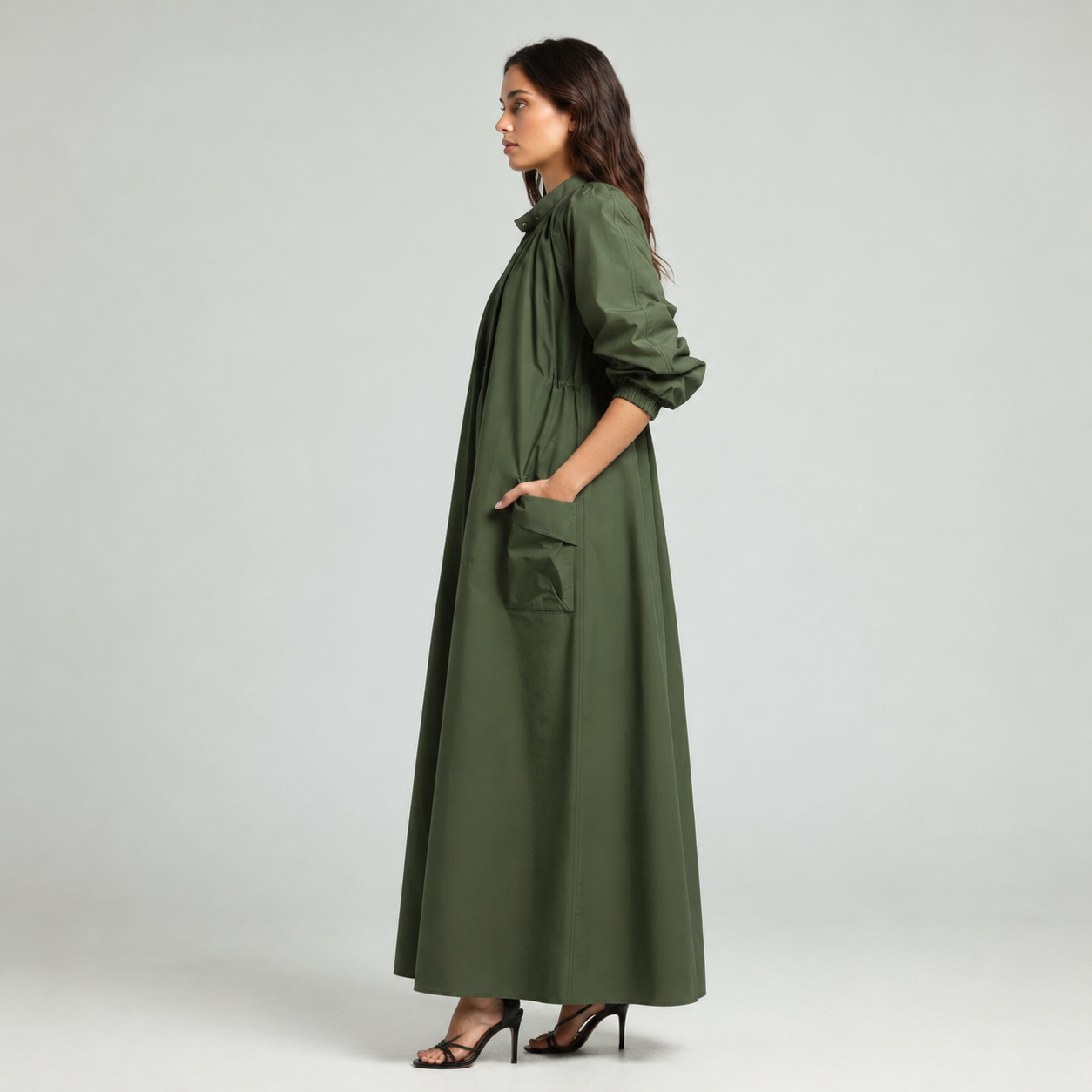 Drawstring Coat Abaya - Olive