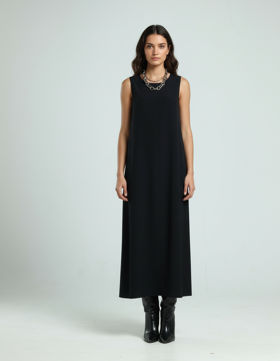 فستان كريب بدون أكمام - أسود