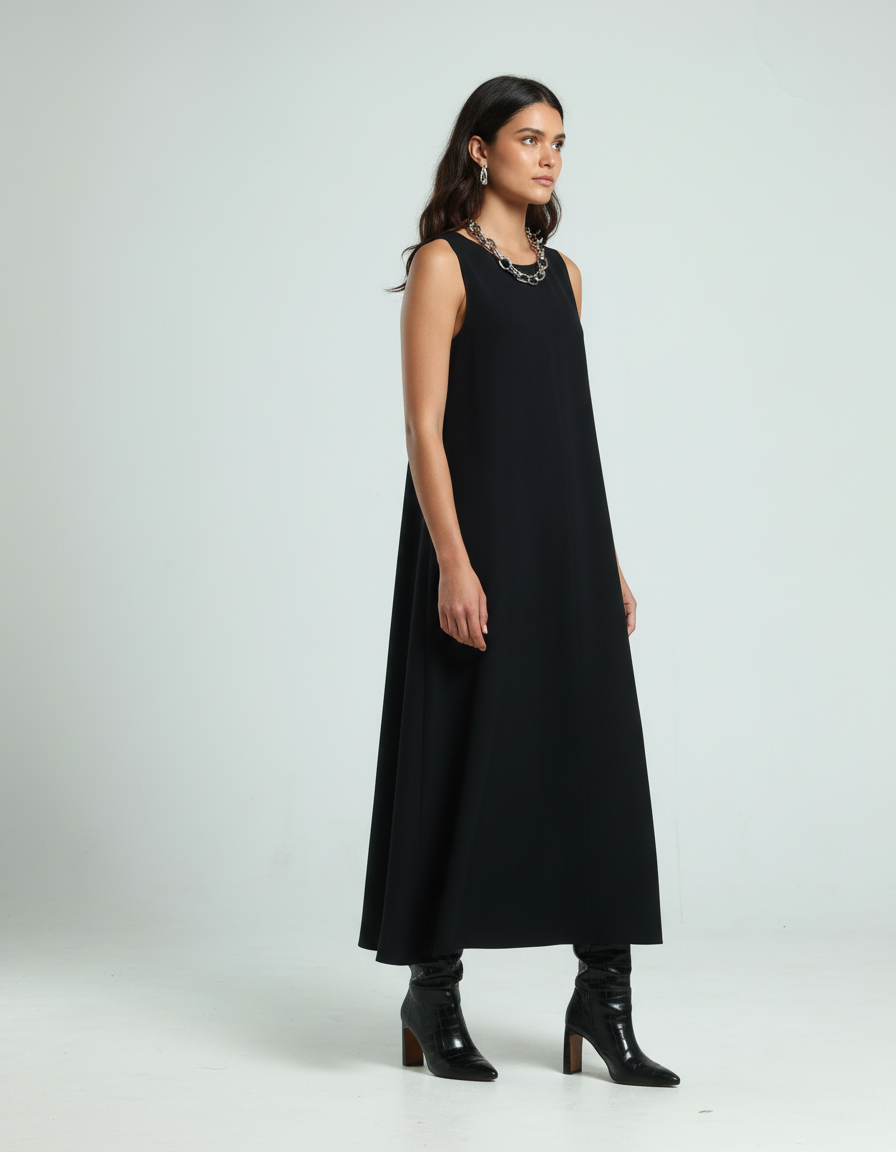 فستان كريب بدون أكمام - أسود