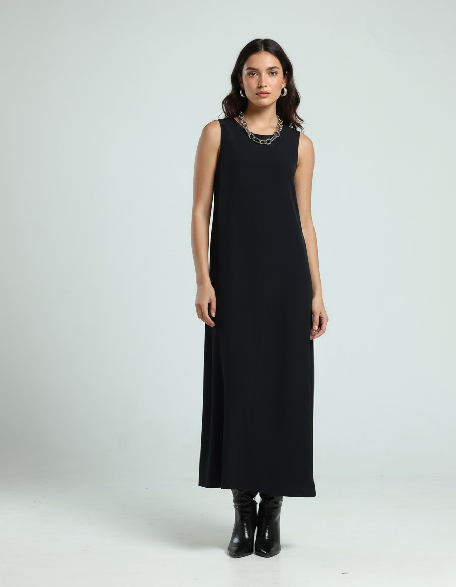 فستان كريب بدون أكمام - أسود