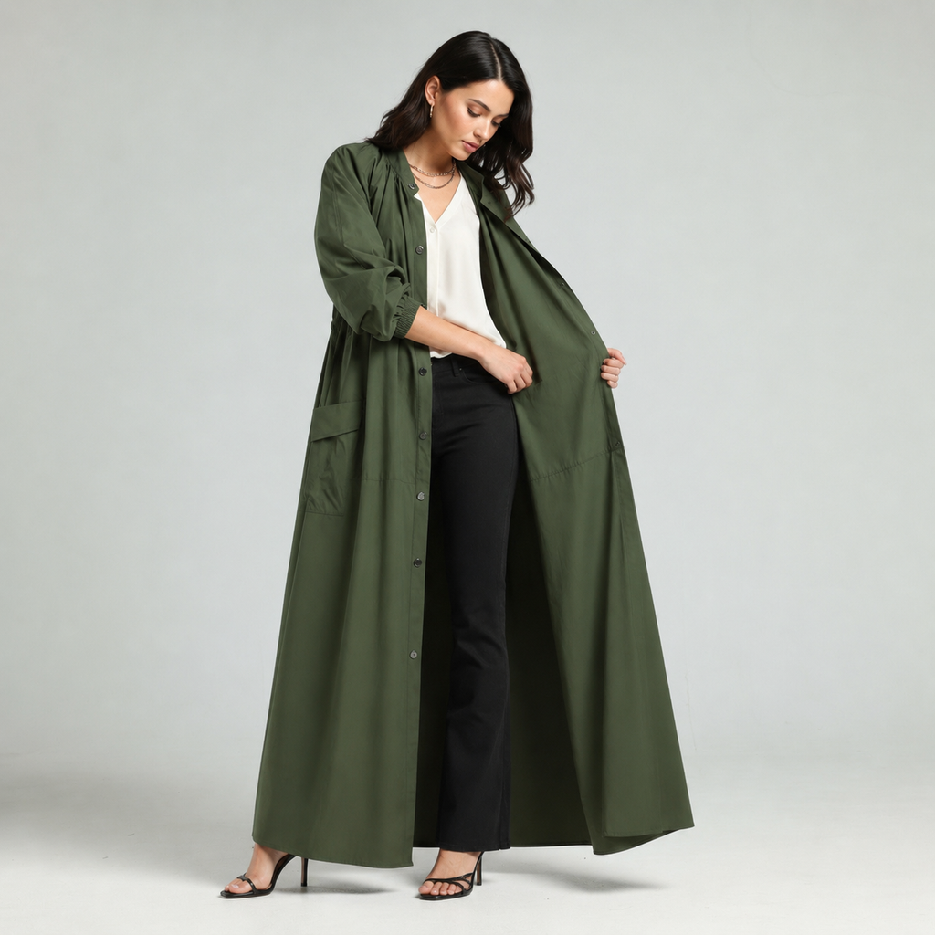 Drawstring Coat Abaya - Olive