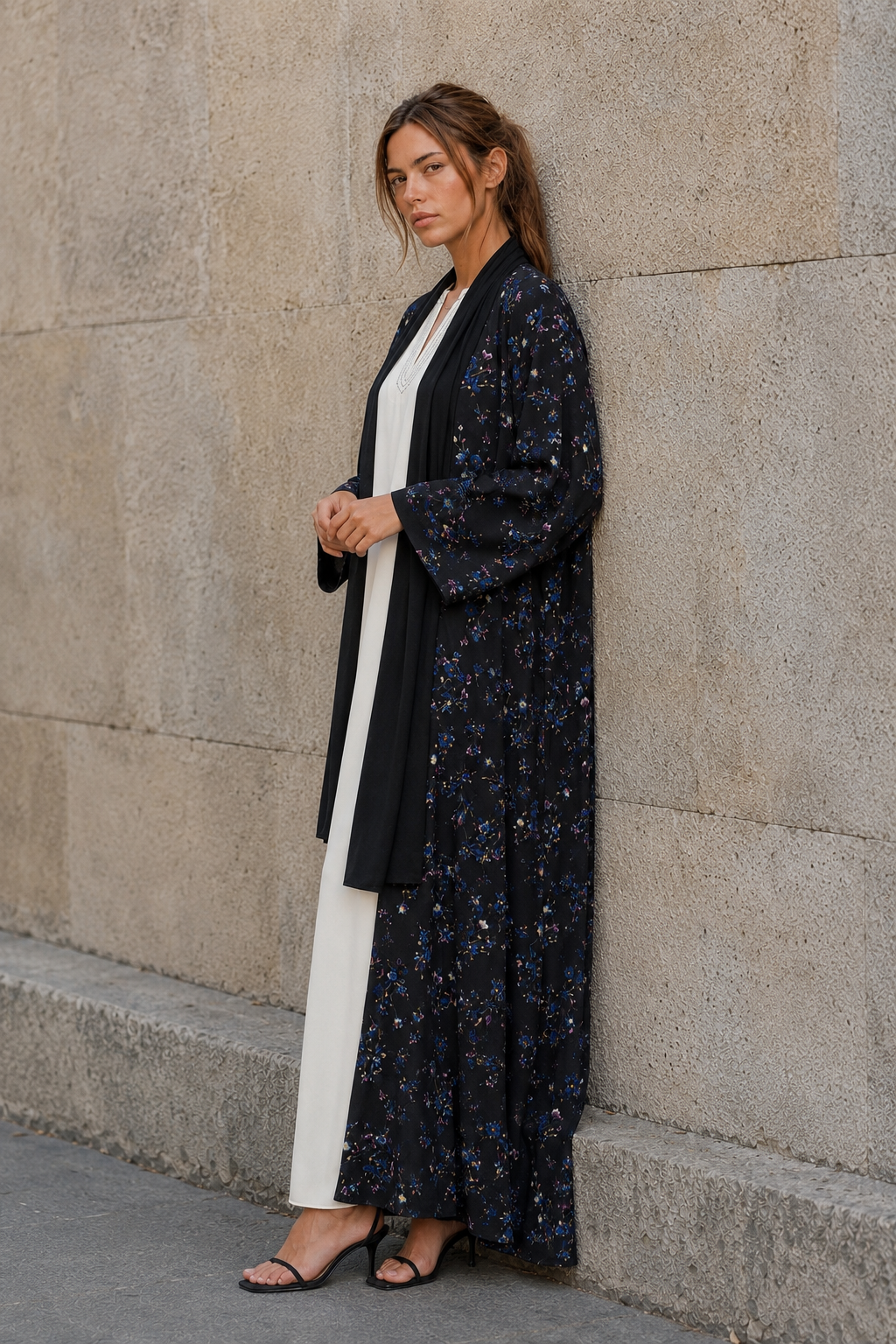 Black Floral Print Abaya