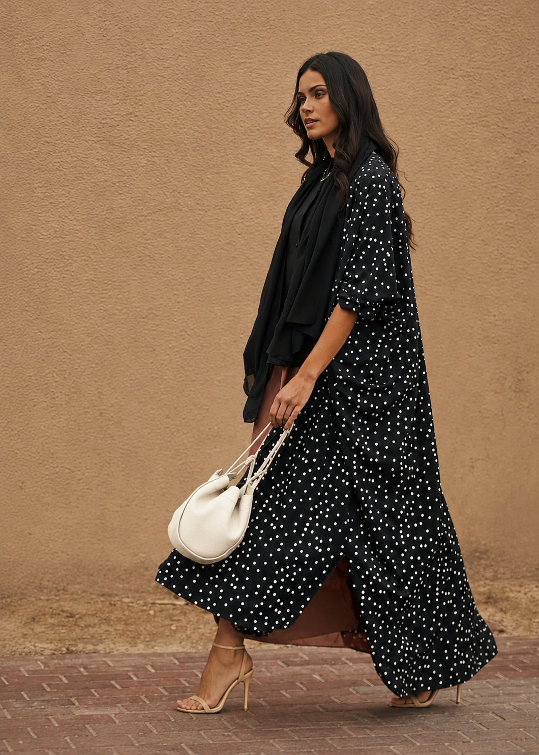 Polka Dots Print Abaya - Black