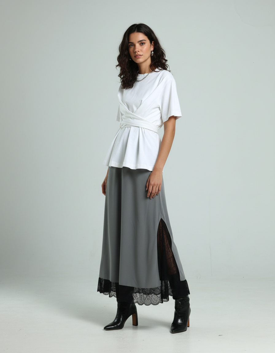 Contrast Lace Skirt - Grey