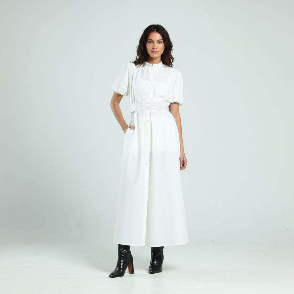 فستان بوبلين بأكمام قصيرة - أبيض