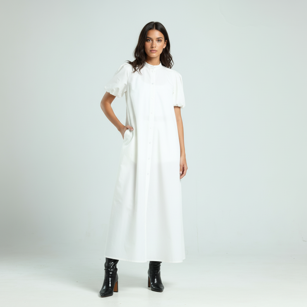 فستان بوبلين بأكمام قصيرة - أبيض