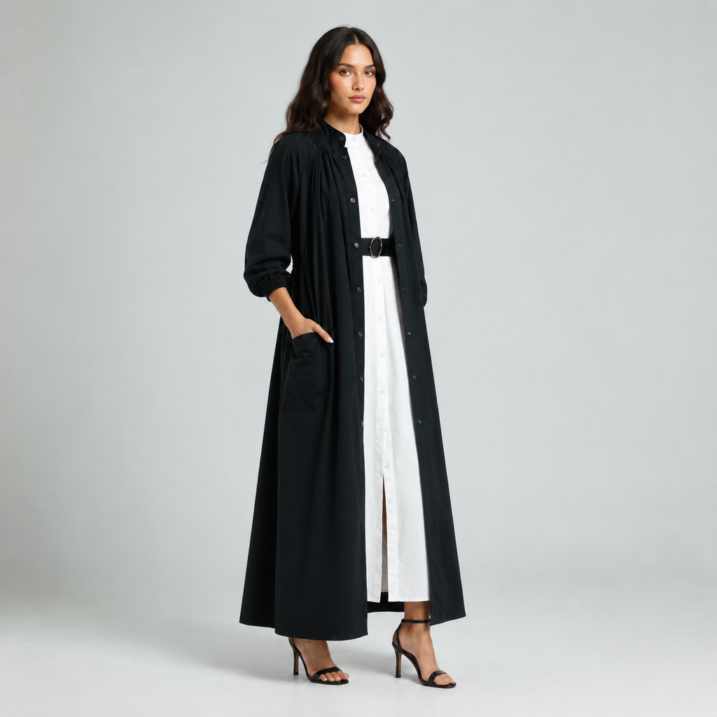 Drawstring Coat Abaya - Black