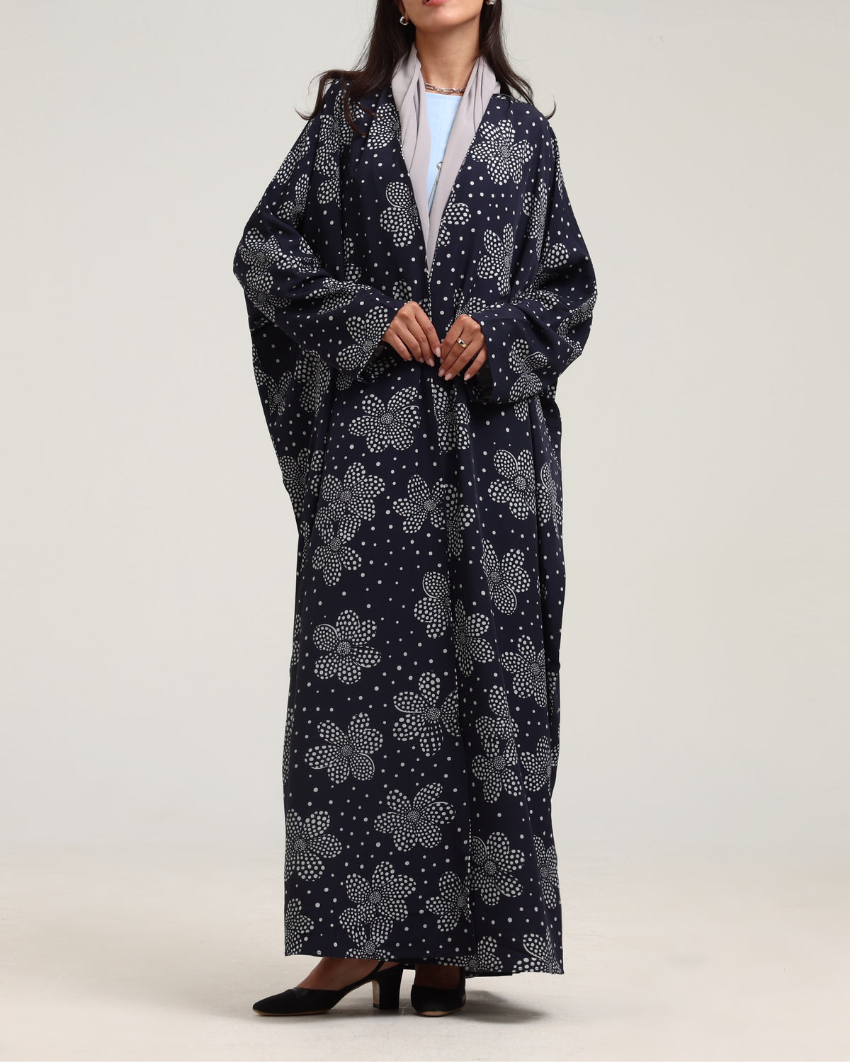 Dotted Floral Print Abaya- Navy