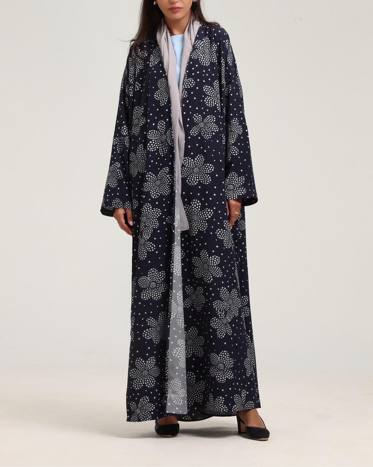 Dotted Floral Print Abaya- Navy