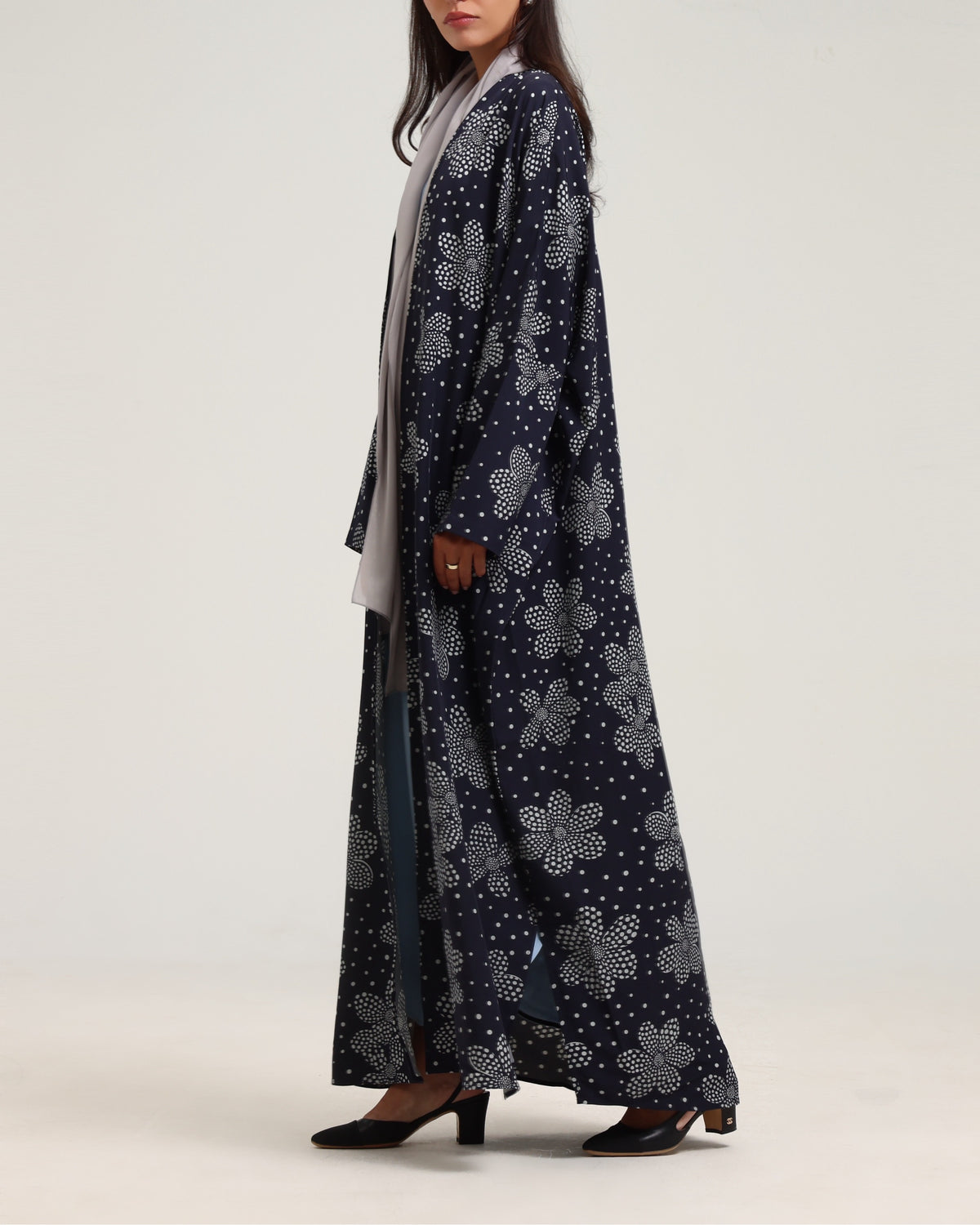Dotted Floral Print Abaya- Navy