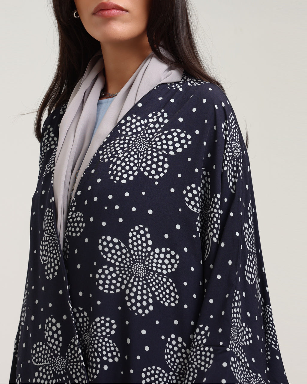 Dotted Floral Print Abaya- Navy