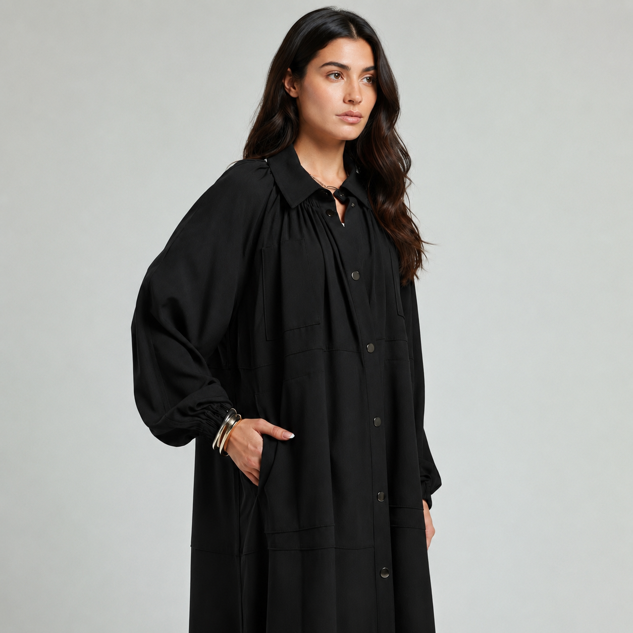 Oversized Crepe Coat Abaya - Black