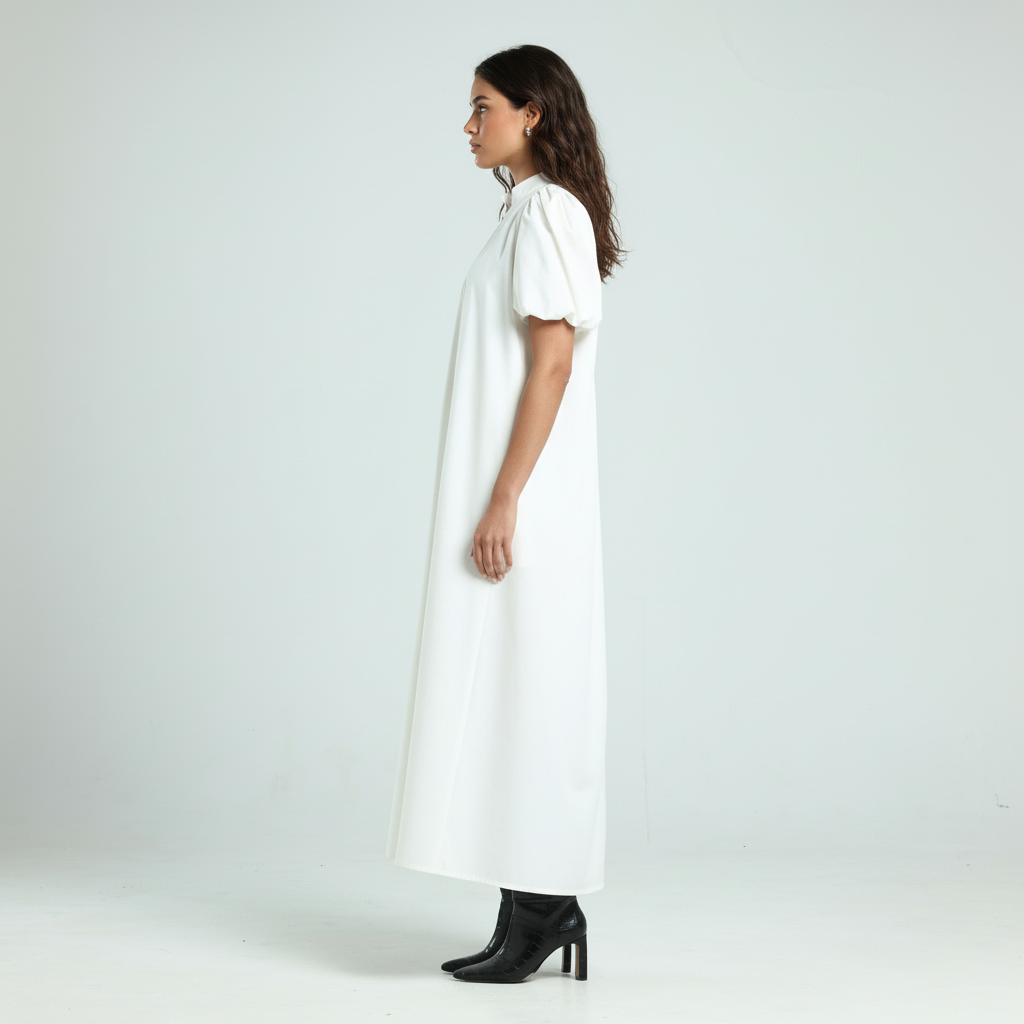 فستان بوبلين بأكمام قصيرة - أبيض