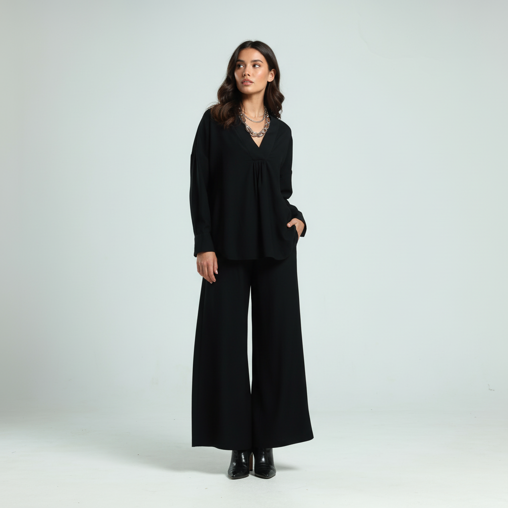 Soft Cotton Wide Leg Pants - Black