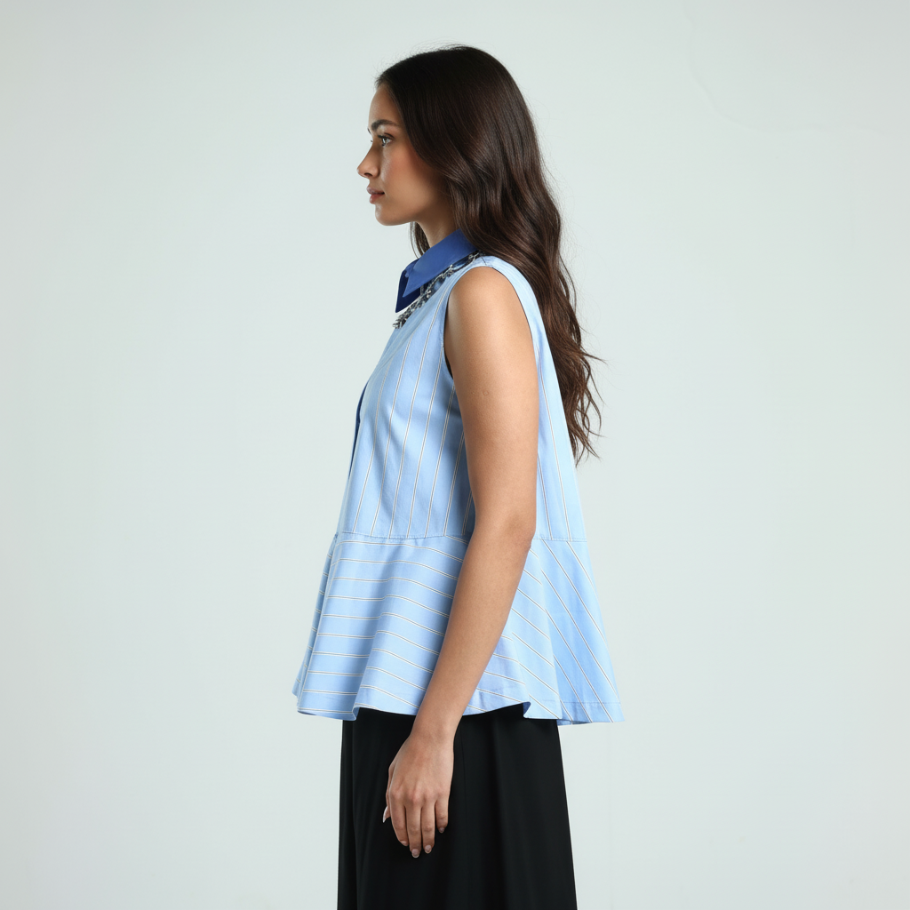 Cotton Poplin Peplum Shirt - Blue Stripes