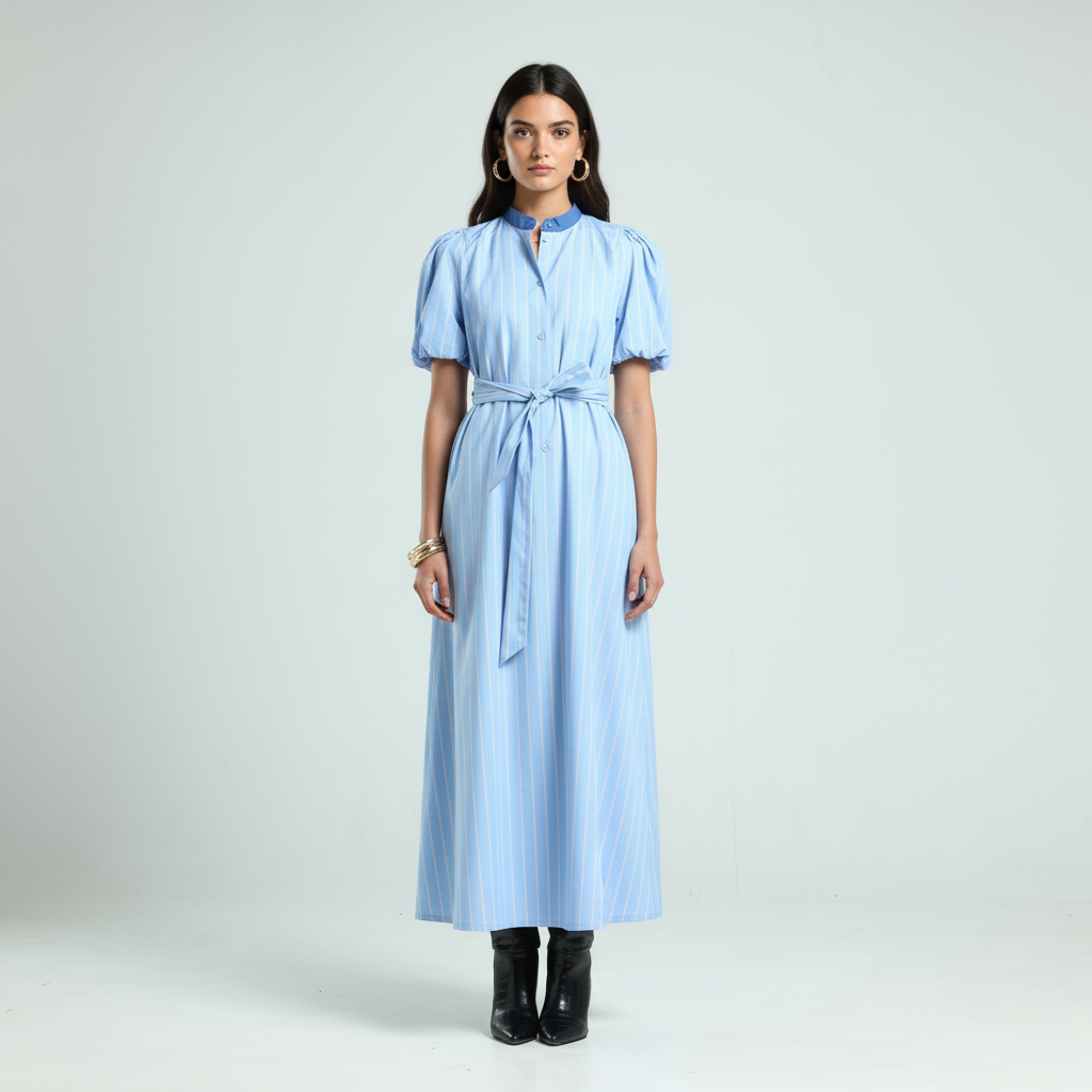 فستان بوبلين بأكمام قصيرة - أزرق مخطط