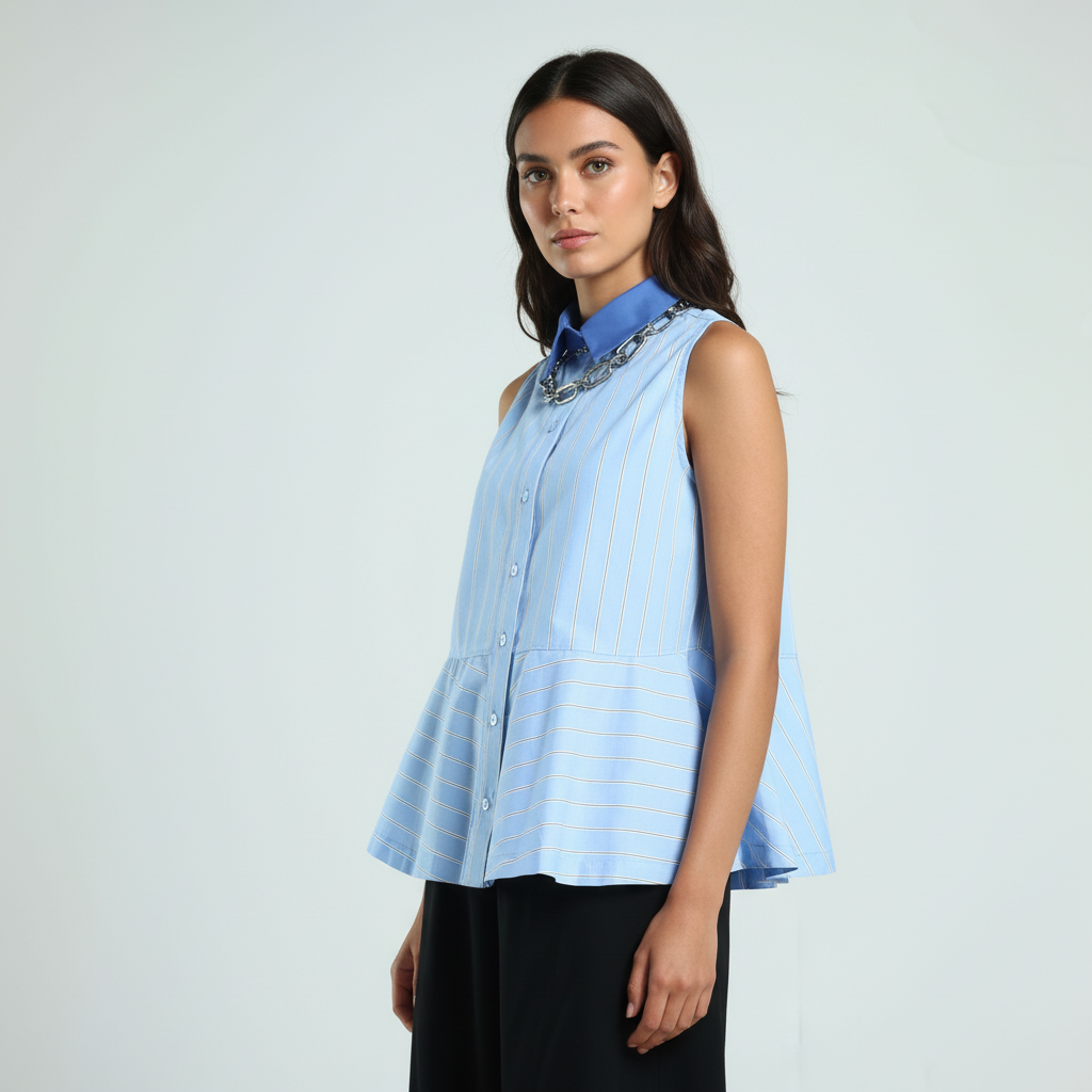Cotton Poplin Peplum Shirt - Blue Stripes