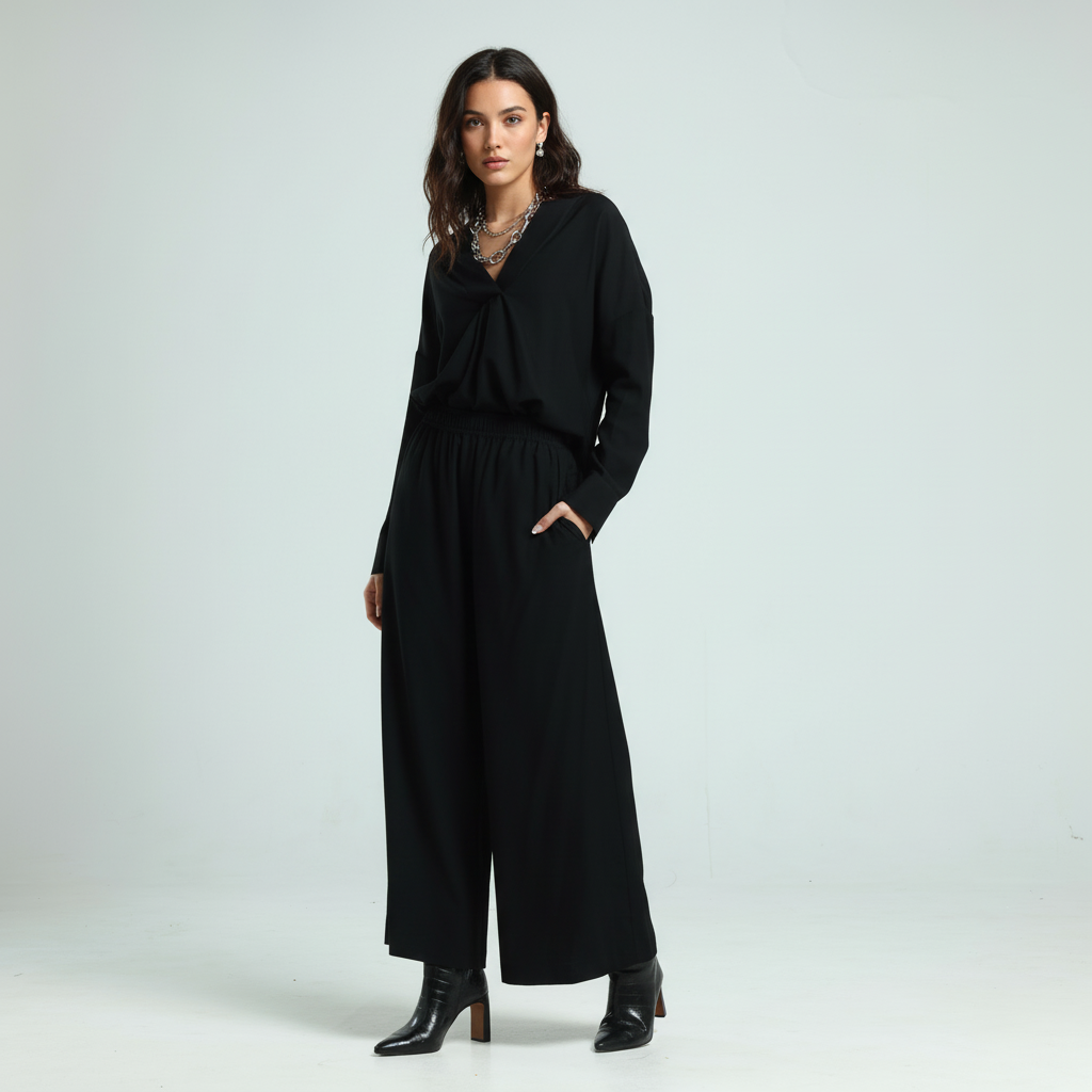 Soft Cotton Wide Leg Pants - Black
