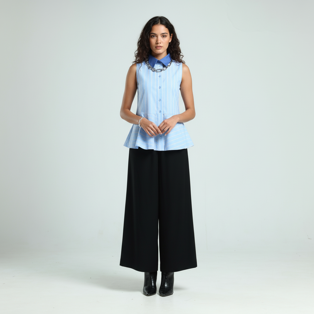 Cotton Poplin Peplum Shirt - Blue Stripes
