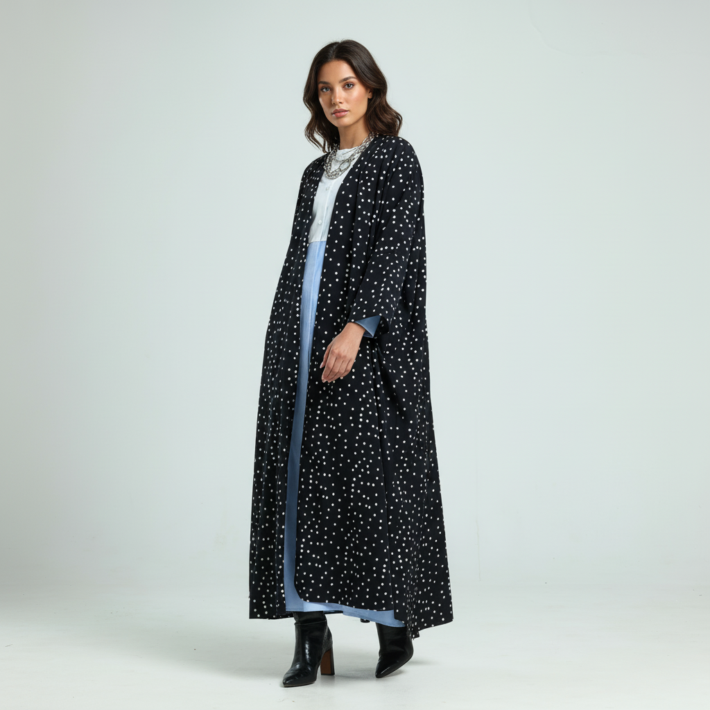 Polka Dots Print Abaya - Black