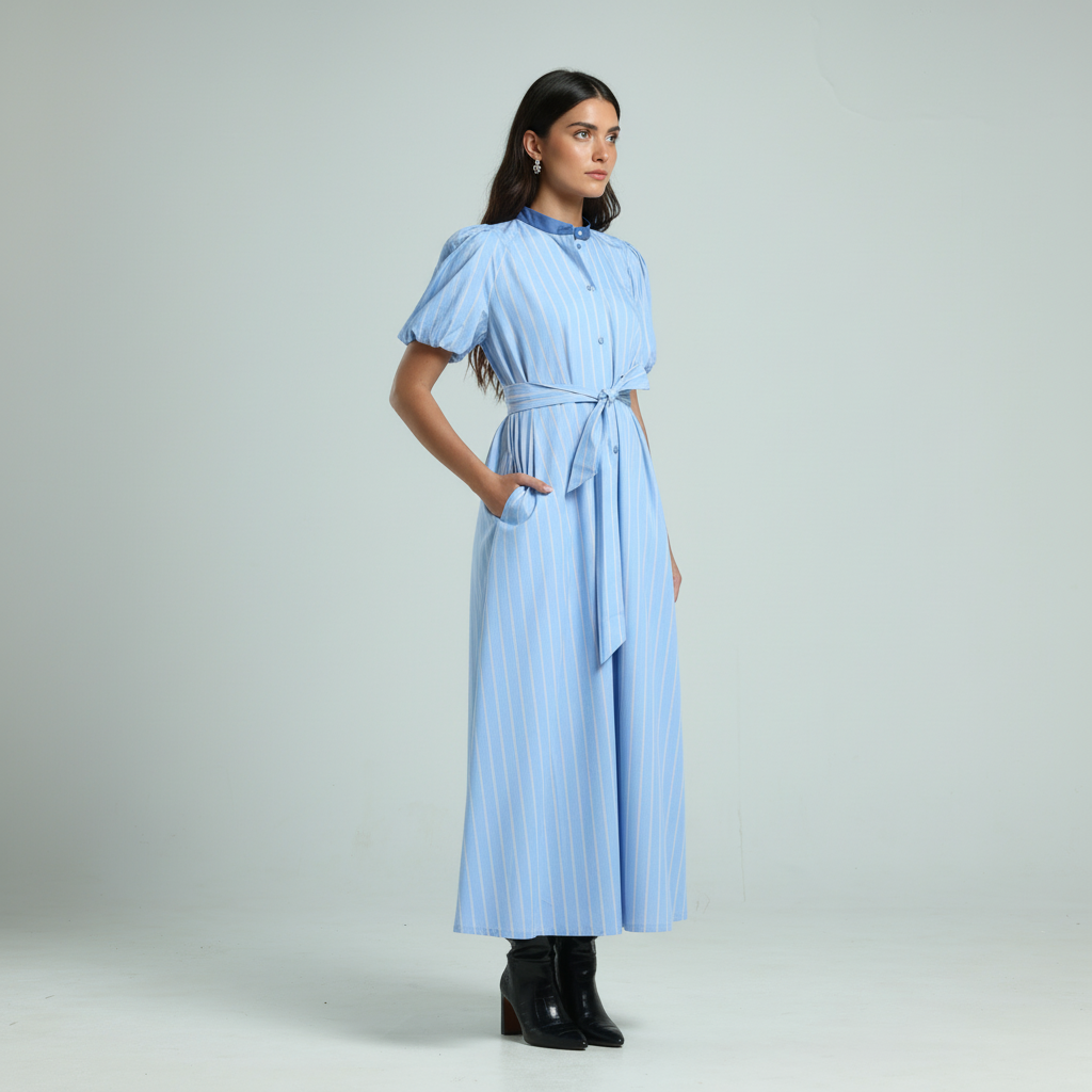 فستان بوبلين بأكمام قصيرة - أزرق مخطط