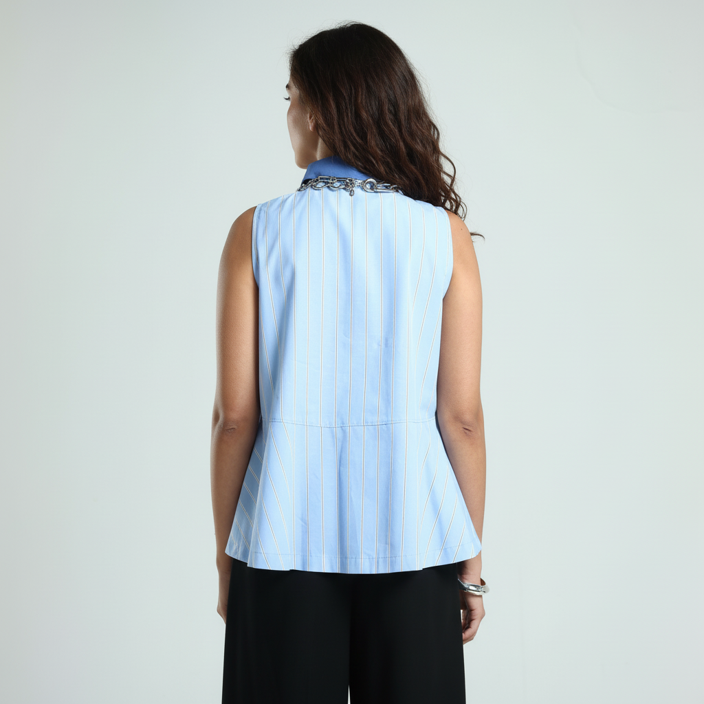 Cotton Poplin Peplum Shirt - Blue Stripes