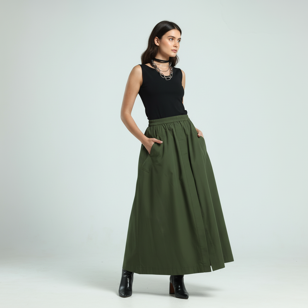 تنورة بوبلين - أخضر زيتوني