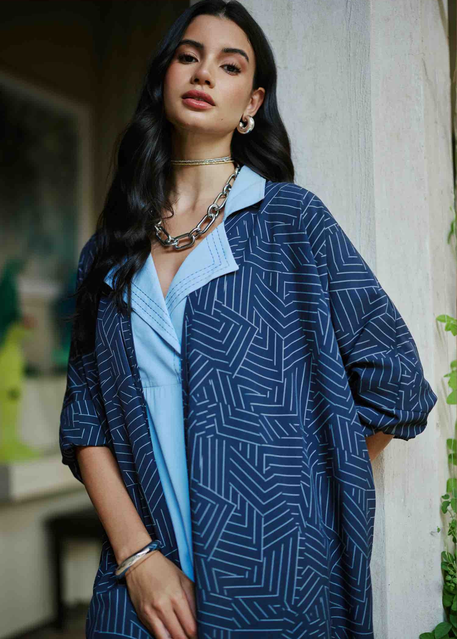 Geometric Print Abaya - Navy