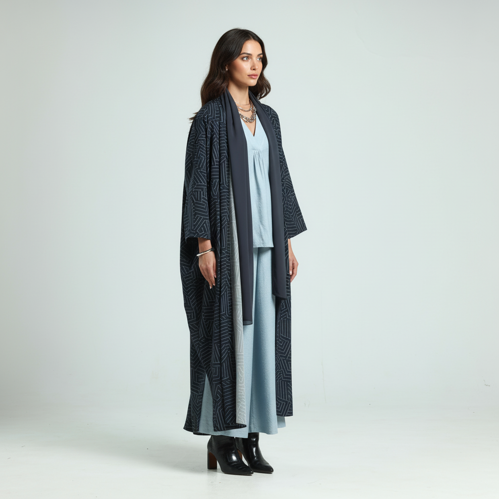 Geometric Print Abaya - Navy