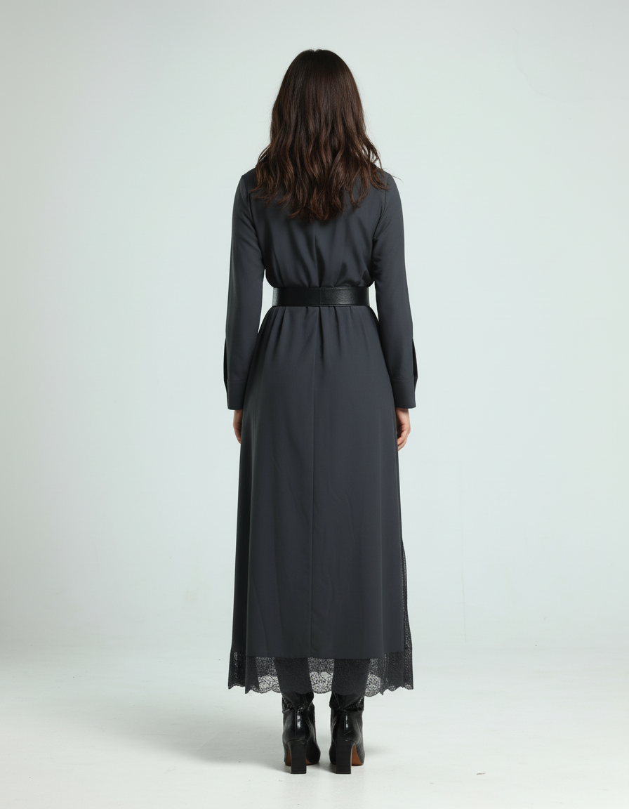 فستان يطرف دانتيل - رمادي داكن