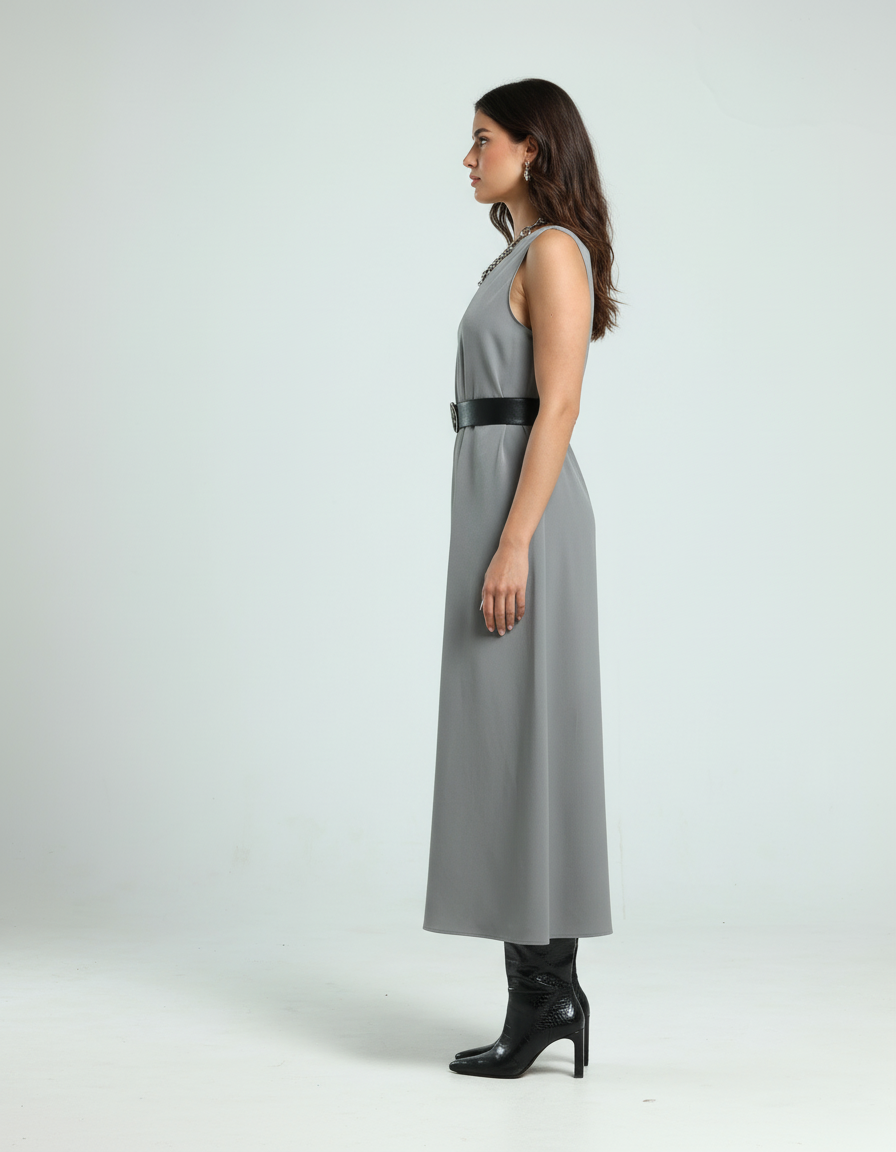 فستان كريب بدون أكمام - رمادي