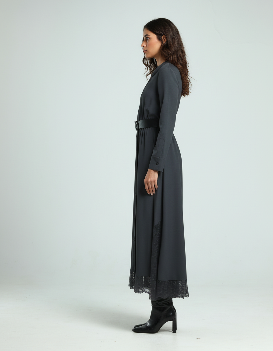 فستان يطرف دانتيل - رمادي داكن