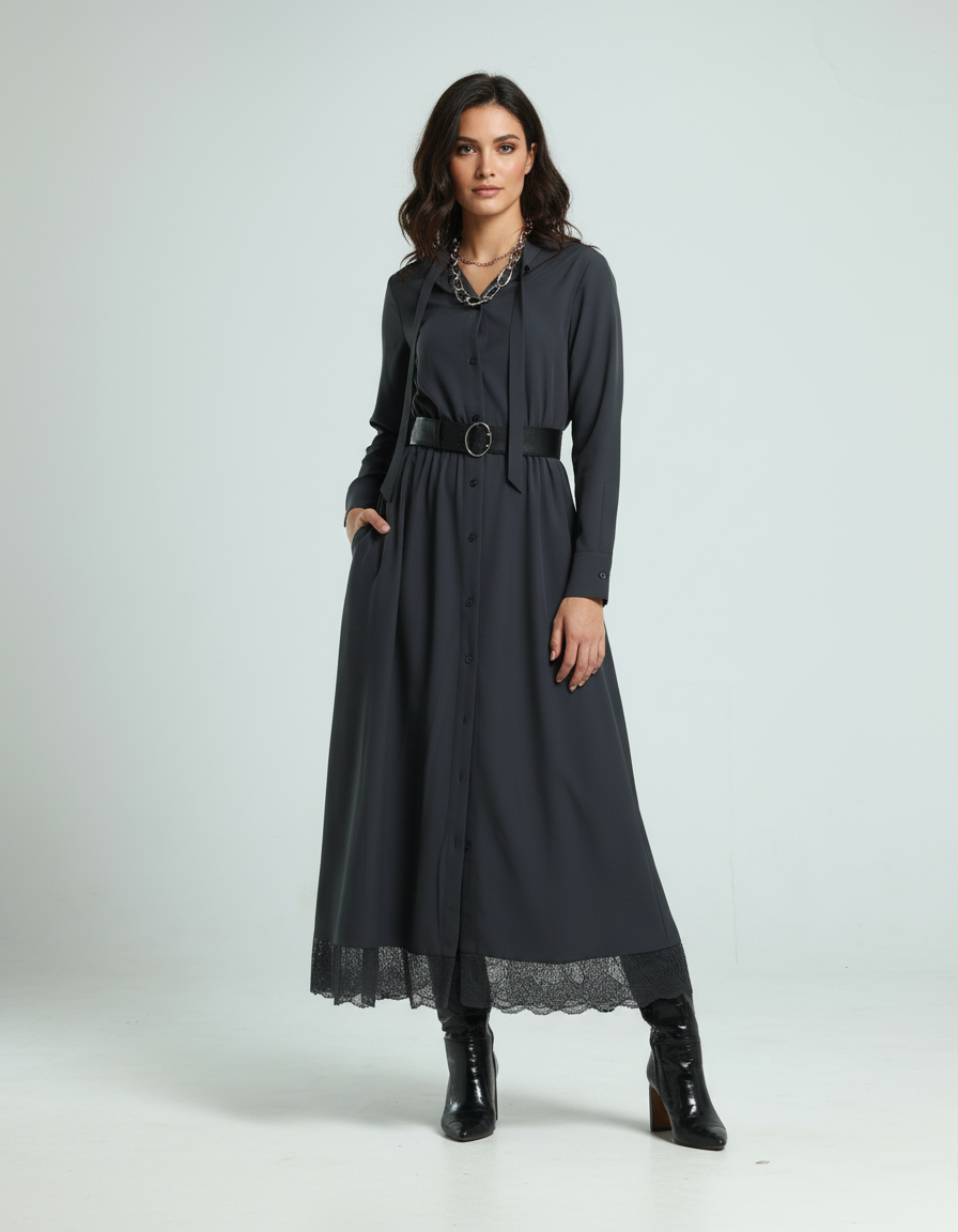 فستان يطرف دانتيل - رمادي داكن