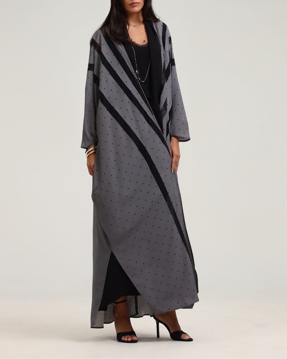 Polka Dot Print Signature Bisht - Grey