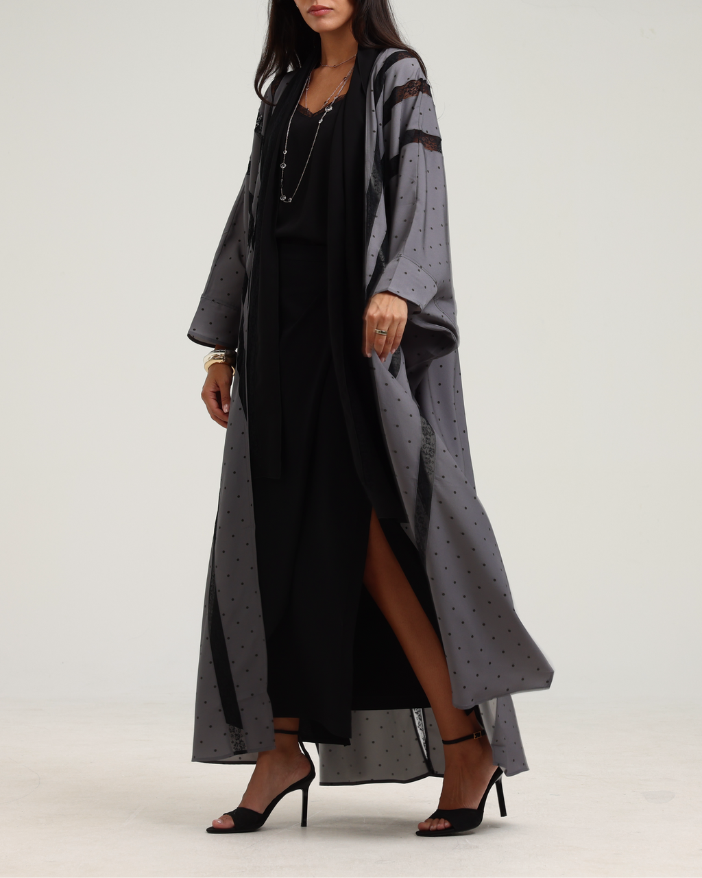 Polka Dot Print Signature Bisht - Grey