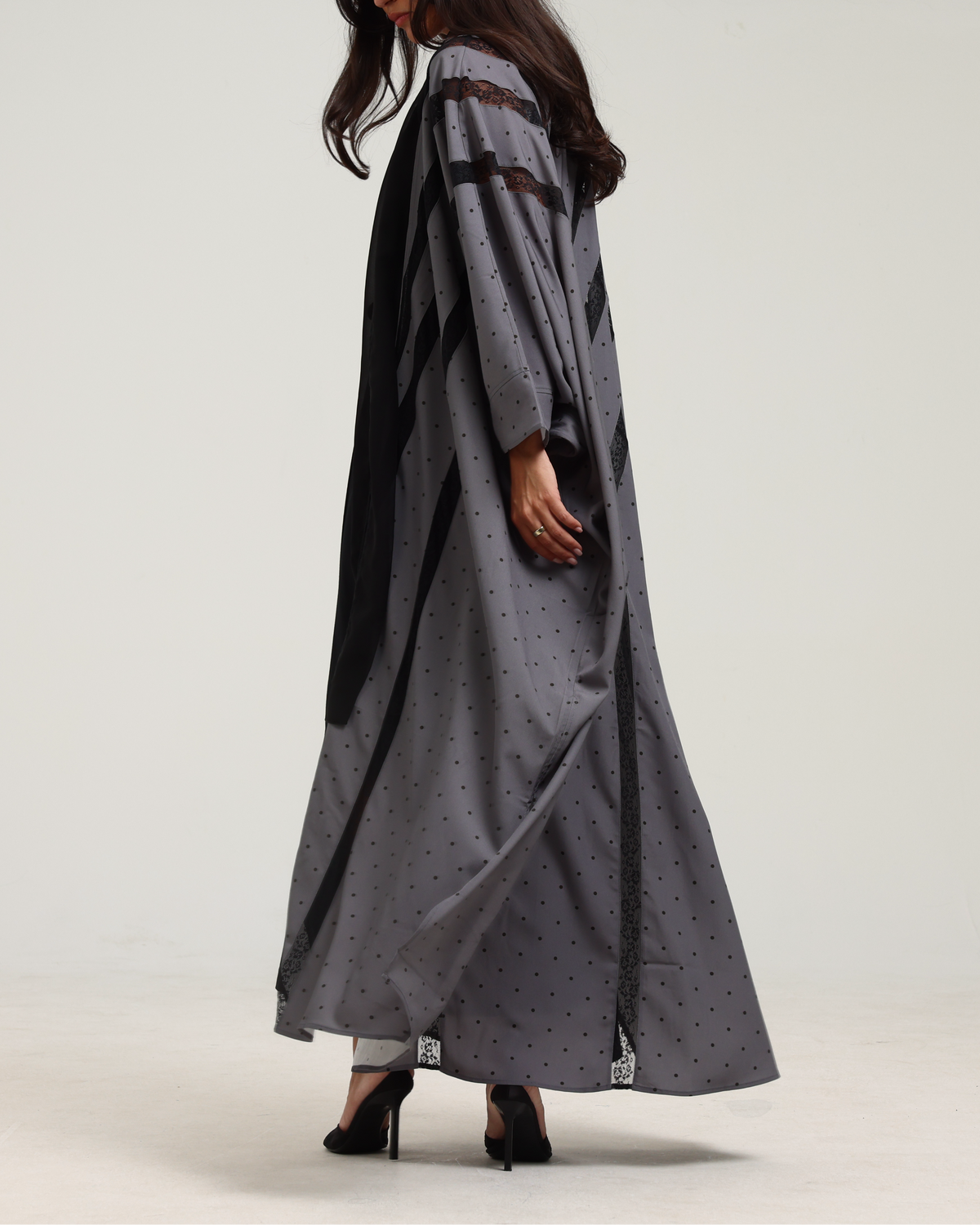 Polka Dot Print Signature Bisht - Grey