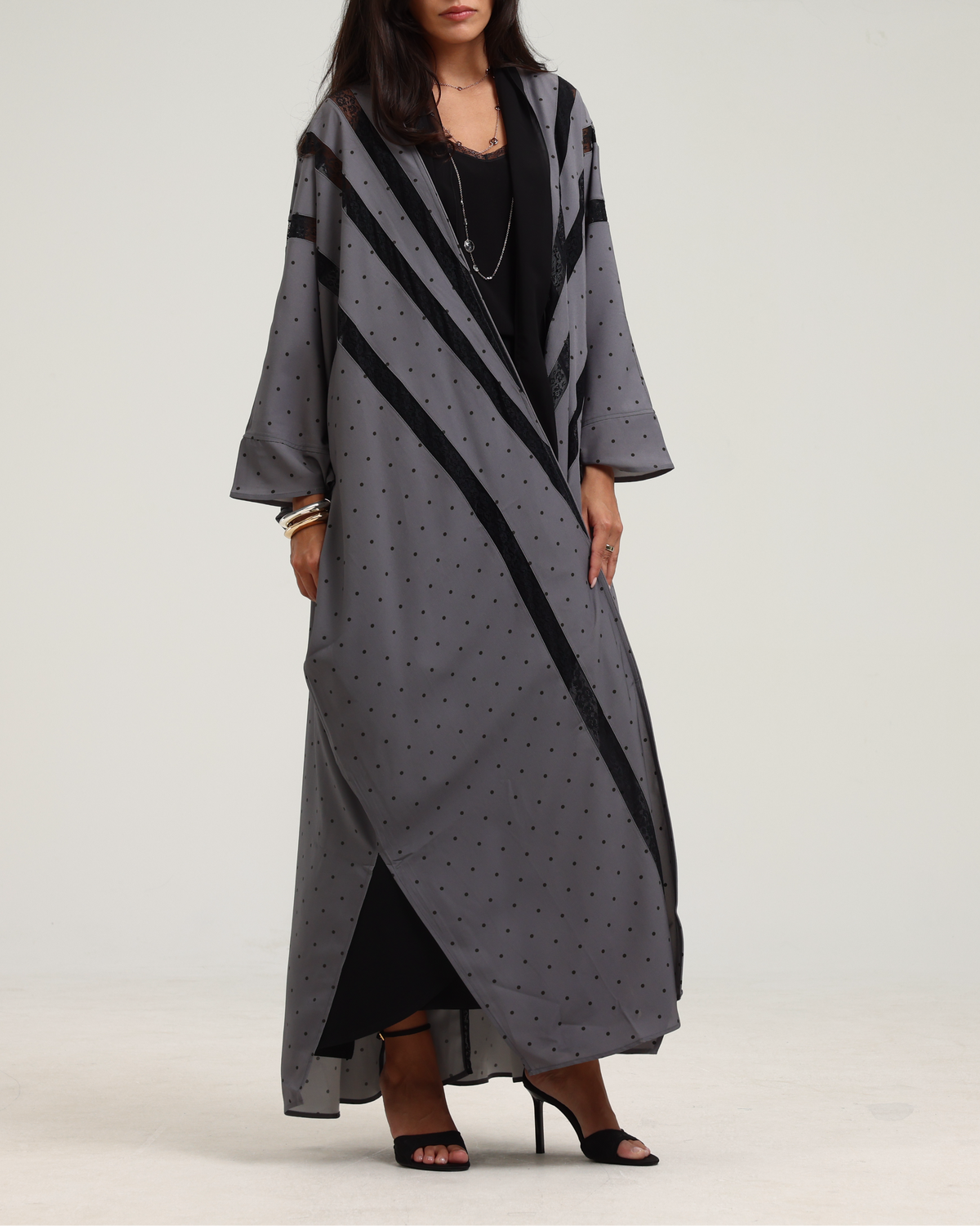 Polka Dot Print Signature Bisht - Grey