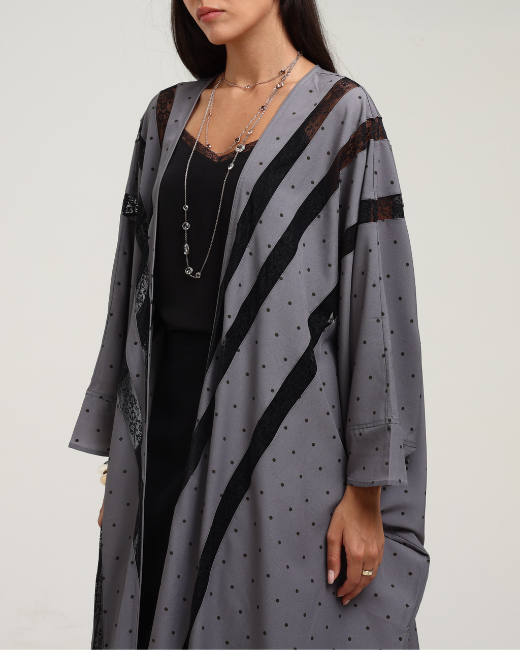Polka Dot Print Signature Bisht - Grey