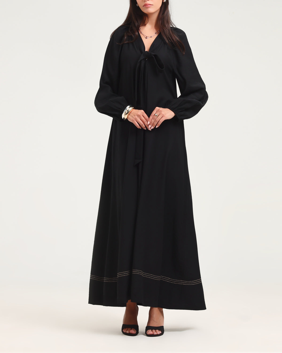 Long Sleeve V Neck Kaftan - Black