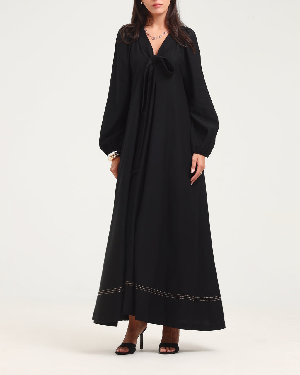 Long Sleeve V Neck Kaftan - Black