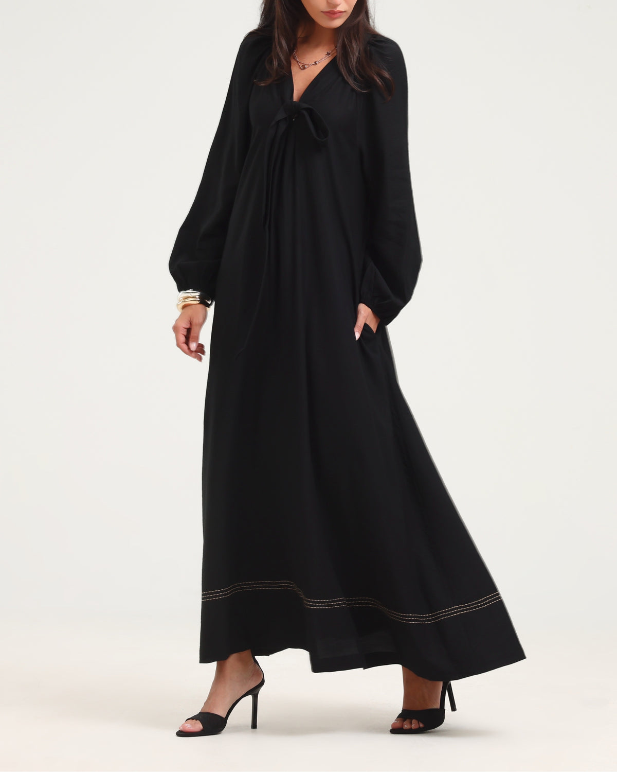 Long Sleeve V Neck Kaftan - Black