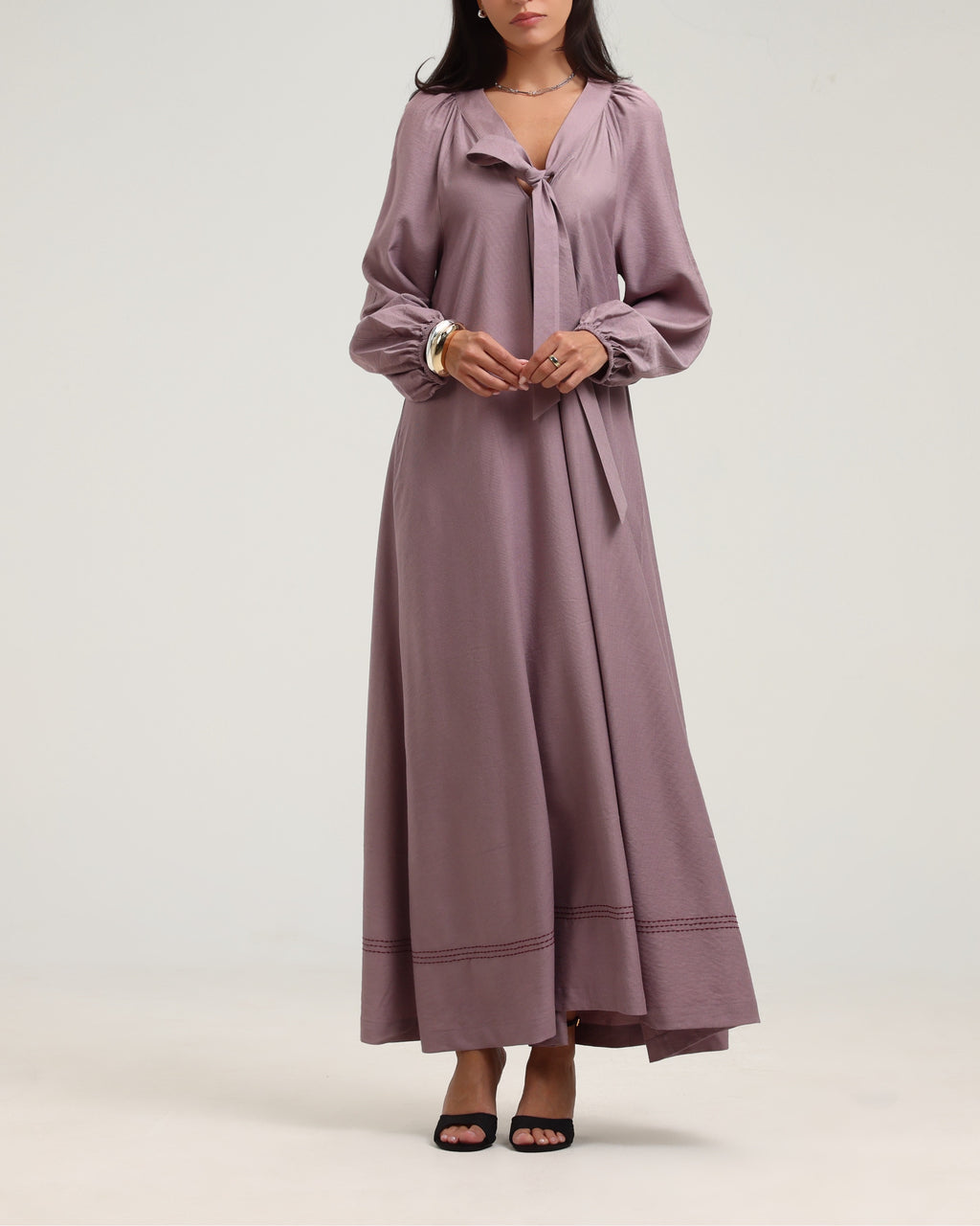 Long Sleeve V Neck Kaftan - Dusty Pink