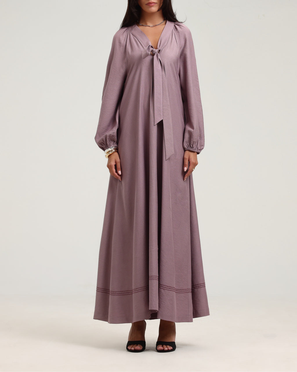 Long Sleeve V Neck Kaftan - Dusty Pink